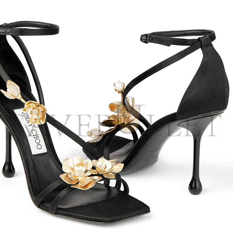 JIMMY CHOO ZEA 95 BLACK SATIN SANDALS WITH METAL FLOWERS ZEA95BGU JIMMY CHOO ZEA 95 BLACK SATIN SANDALS WITH METAL FLOWERS ZEA95BGU